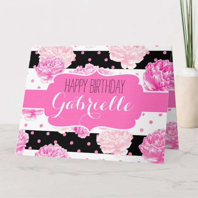 Stripes Pink Floral Watercolor Chic Happy Birthday Card (Front)