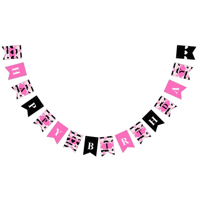 Stripes Pink Watercolor Floral Girl Happy Birthday Bunting (All)