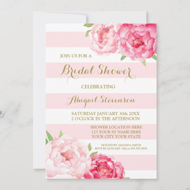 Stripes Pink Watercolor Flowers Bridal Shower Invitation (Back)
