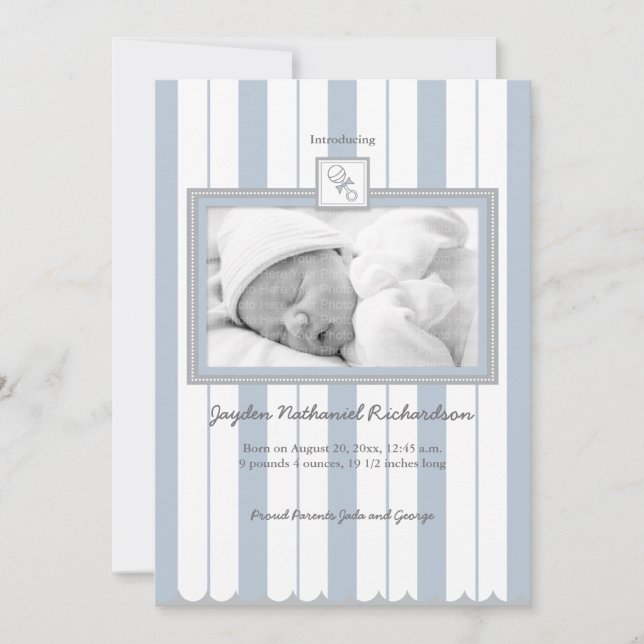 Stripes & Rattle Baby Announcement: Blue Announcement (Front)