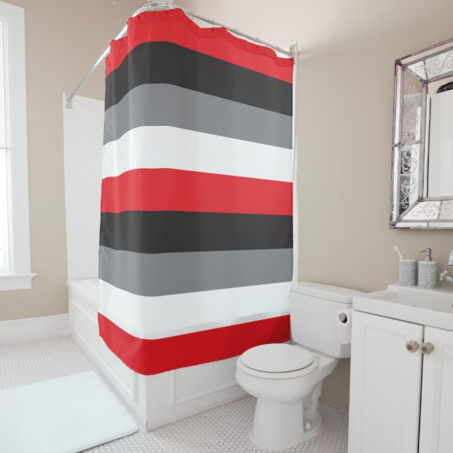 Stripes Red Black Grey White Pattern Shower Curtain (In Situ)