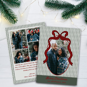 Stripes & Red Bow Christmas 5 Photo Holiday Card