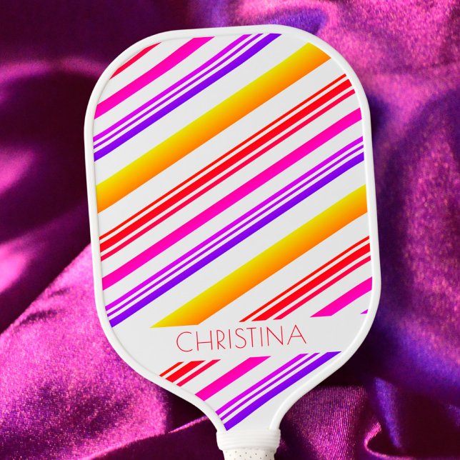 Stripes Red Pink Purple Yellow Modern Custom Name Pickleball Paddle (Creator Uploaded)