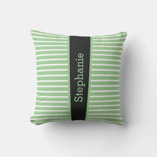 Stripes Sage Green Black White Custom Name Cute Th Cushion (Front)