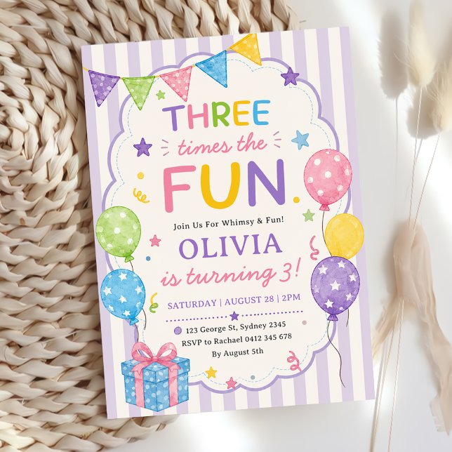  Stripes Three Times The Fun Colourful Birthday Invitation (Creator Uploaded)