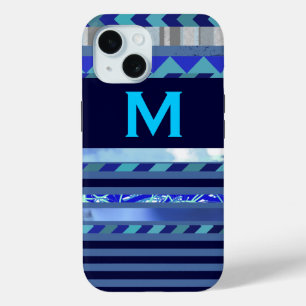 stripes & turquoise blue M custom initial iPhone 15 Case