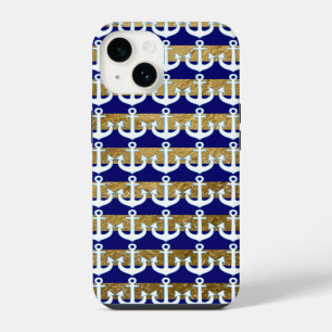 stripes & white anchors pattern navy iPhone 14 case