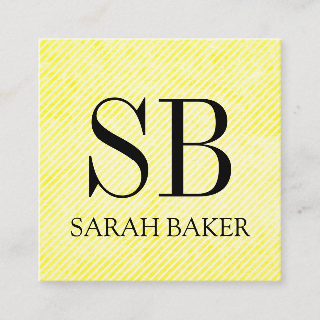 Stripes, Yellow, Monogram Square Business Card (Front)