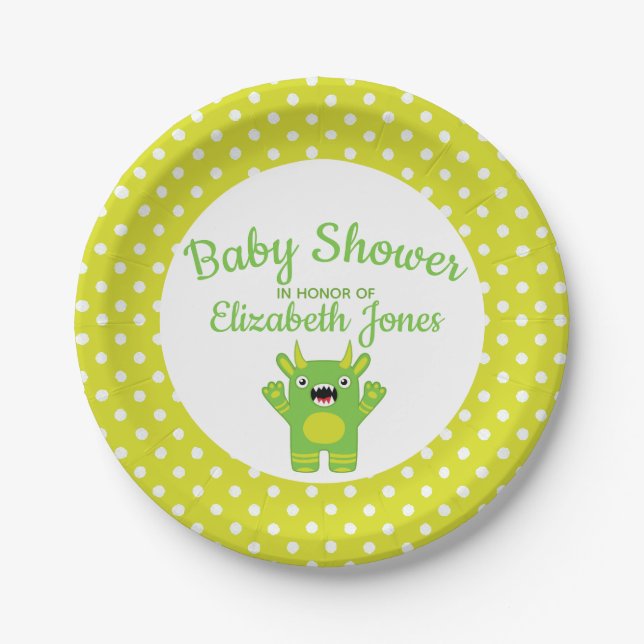 Stripey Green Little Monster Baby Shower Paper Plate (Front)