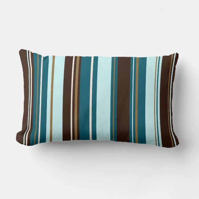Stripey Vertical Design Brown Teals Cream & Gold Lumbar Cushion (Front)