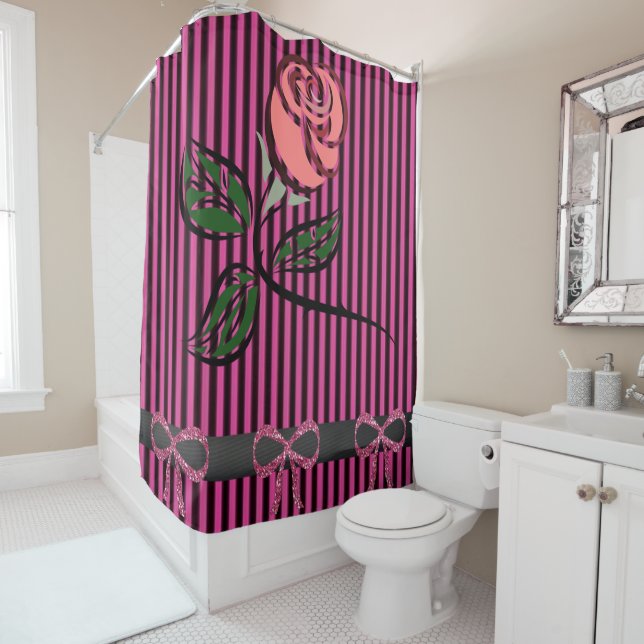 Stripped pink bow black floral showercurtain shower curtain (In Situ)
