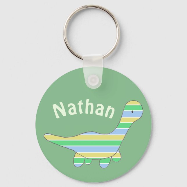 Stripy Dinosaur Green Personalised Key Ring (Front)