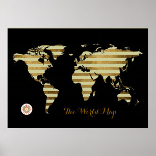 stripy golden color world map poster