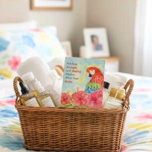 Stroke Healing Scarlet Macaws, Hibiscus Card