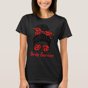 Stroke Survivor Awareness Red Ribbon Leopard Brain T-Shirt