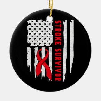 Stroke Survivor Awareness USA Flag Red Ribbon Ceramic Tree Decoration