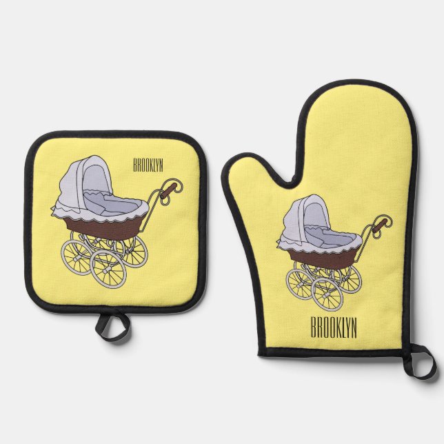 Stroller cartoon illustration  oven mitt & pot holder set (Front)