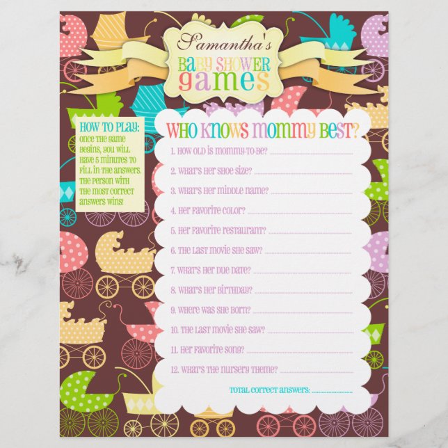 Stroller Chic "Baby Shower Games" Activity Sheet (Front)