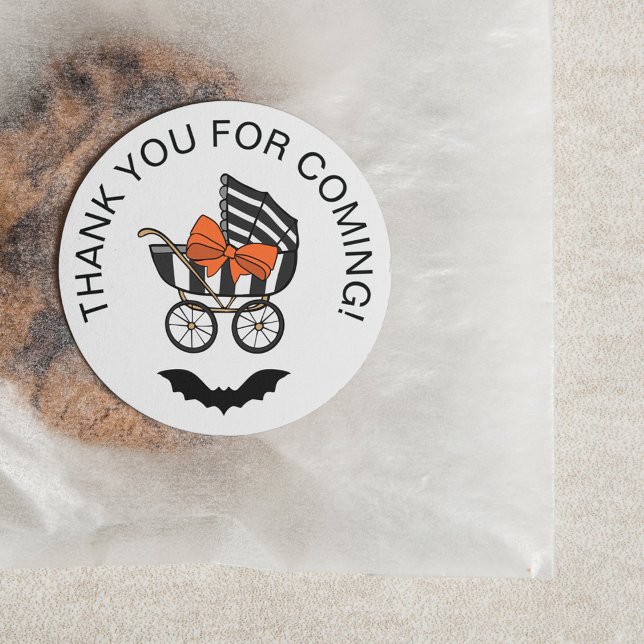 Stroller Orange Bow Bat Halloween Baby Shower Classic Round Sticker (Creator Uploaded)