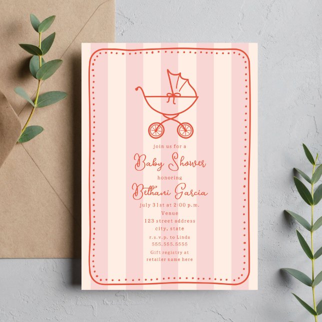 Stroller Sketch Doodle Dots Pink Girl Baby Shower Invitation (Creator Uploaded)