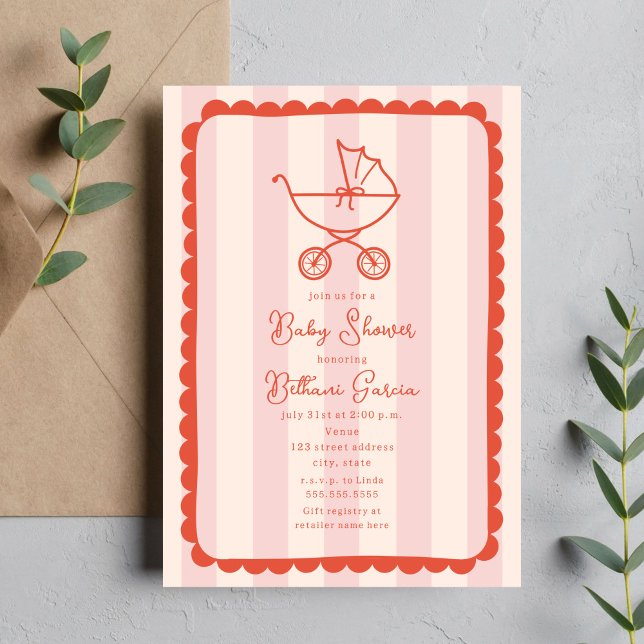 Stroller Sketch Scalloped Pink Girl Baby Shower Invitation (Creator Uploaded)