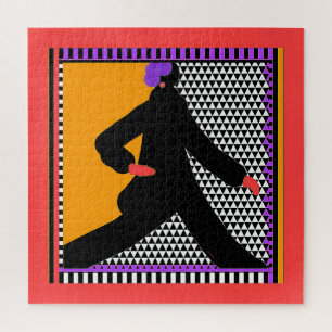 Strolling Lady In Black Chevron Red  Jigsaw Puzzle
