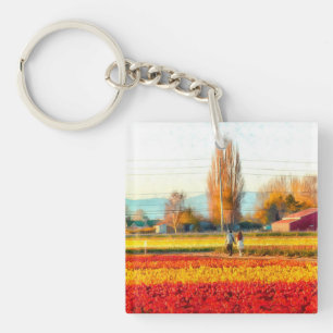 Strolling Through Gold and Red Tulip Fields Key Ring