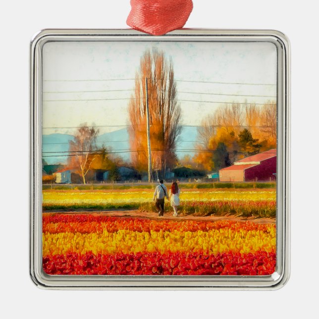 Strolling Through Gold and Red Tulip Fields Metal Tree Decoration (Front)