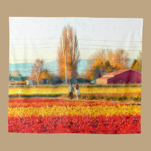 Strolling Through Gold and Red Tulip Fields Tapestry
