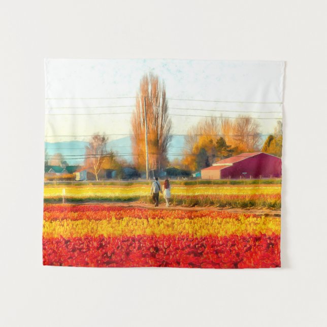 Strolling Through Gold and Red Tulip Fields Tapestry (Front (Horizontal))