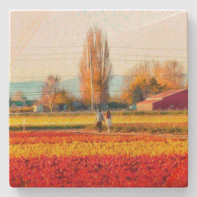 Strolling through Red and Gold Tulip Fields Stone Coaster (Front)