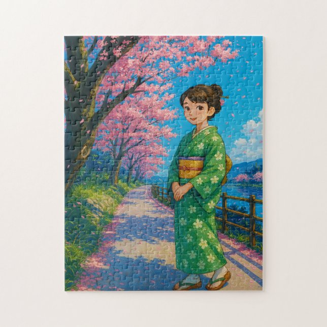 Strolling Under Cherry Blossoms – Japanese Kimono  Jigsaw Puzzle (Vertical)