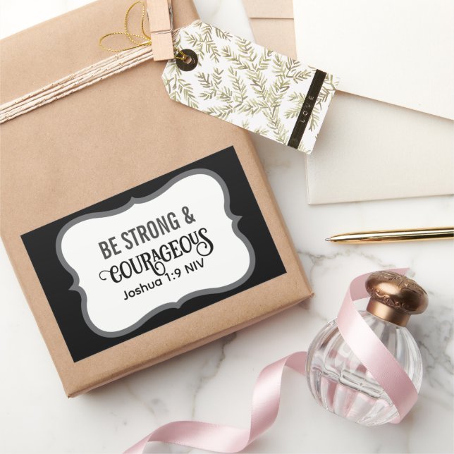 Strong and Courageous Bible Verse Simple black Rectangular Sticker (Gifting)