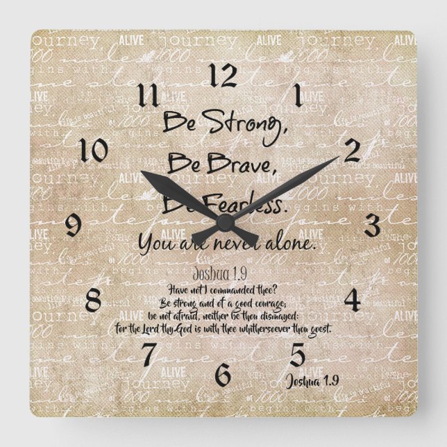 Strong, Brave, Fearless Quote with Bible Verse Square Wall Clock (Front)
