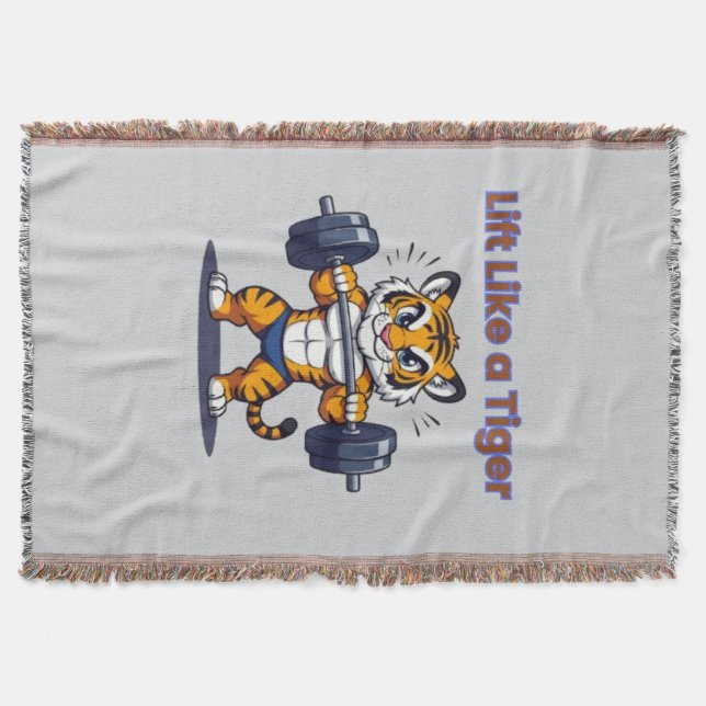 **Strong Tiger – Cute Tiger Lifting Weights Illust Throw Blanket (Front)