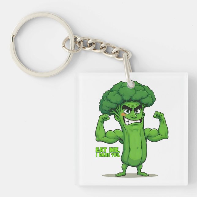 Strong Veggies Club-Flexing Broccoli Funny Cartoon Key Ring (Front)