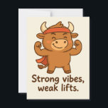 Strong Vibes, Weak Lifts – Funny Bullio Gym Postca Postcard<br><div class="desc">Meet Bullio, the self-proclaimed strongest bull in the gym... who can barely lift a feather! This hilarious postcard features our adorable little lifter flexing proudly beneath the phrase “Strong vibes, weak lifts.” Whether you're a gym goer, a fan of ironic humour, or just someone who loves sending smiles through the...</div>