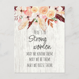 Strong Women Boho Pink Floral Feather Wood Effect Postcard