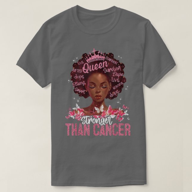 Stronger Than Cancer Pink Black Afro Queen Breast  T-Shirt (Design Front)