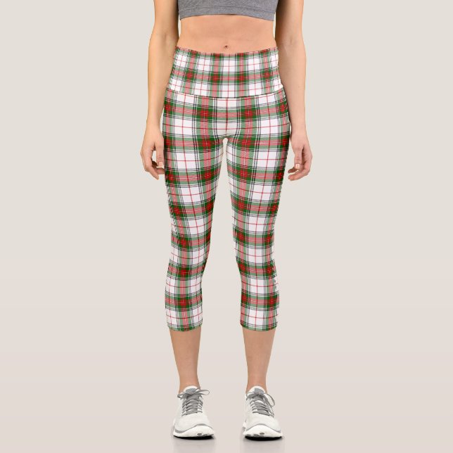 Stuart / Stewart tartan white red green plaid Capri Leggings (Front)