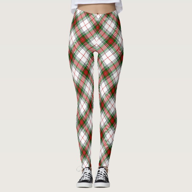 Stuart / Stewart tartan white red green plaid Leggings (Front)