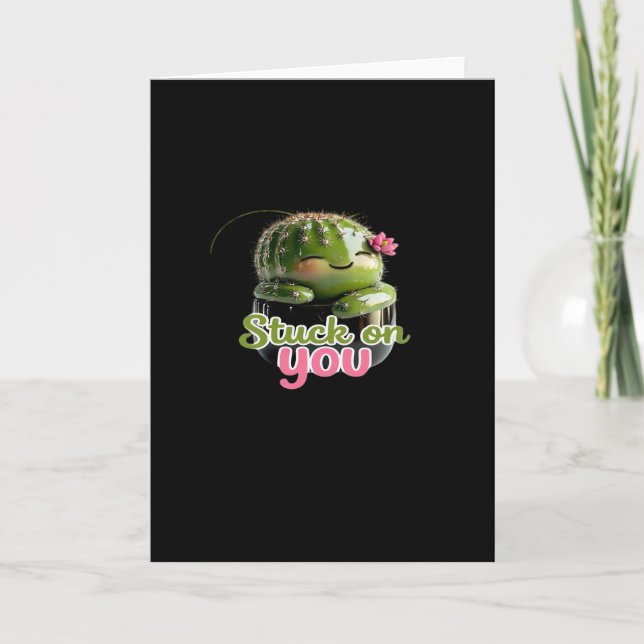 Stuck On You Cute Cactus Pun Kawaii Valentines Lov Card (Front)