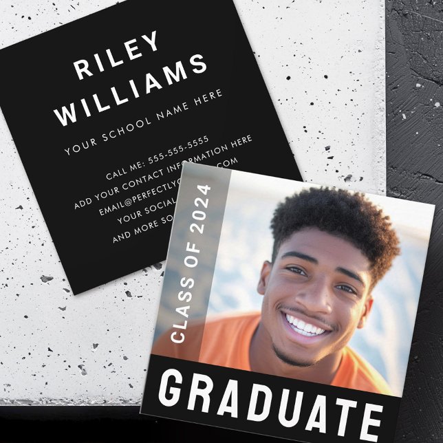 Student graduation networking photo modern black square business card (Student graduation networking photo modern black square business card)