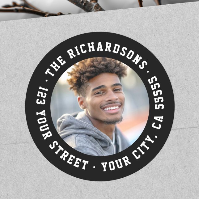 Student graduation photo black return address classic round sticker (Student graduation photo black return address classic round sticker)