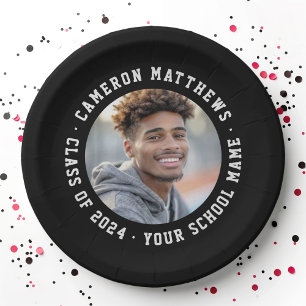 Student graduation photo modern black paper plate