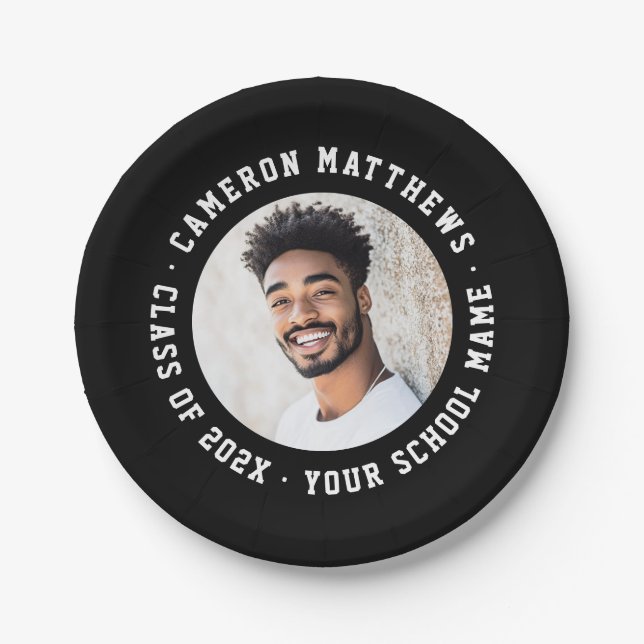 Student graduation photo modern black paper plate (Front)
