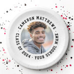 Student graduation photo modern white paper plate<br><div class="desc">Modern,  white or custom colour graduation photo paper plate with your custom name,  school and year in a white font. You can change font and background colour,  move and resize elements with the design tool.</div>