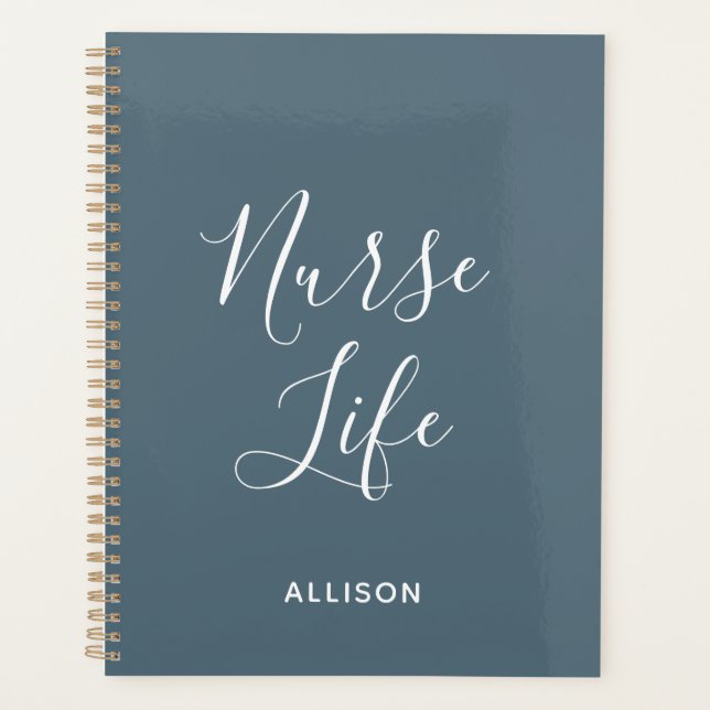 Student Nurse Dusty Blue White Script Personalised Planner (Front)