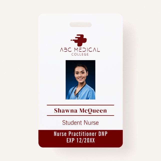 Student Nurse Practitioner DNP Red Photo QR Code ID Badge (Front)