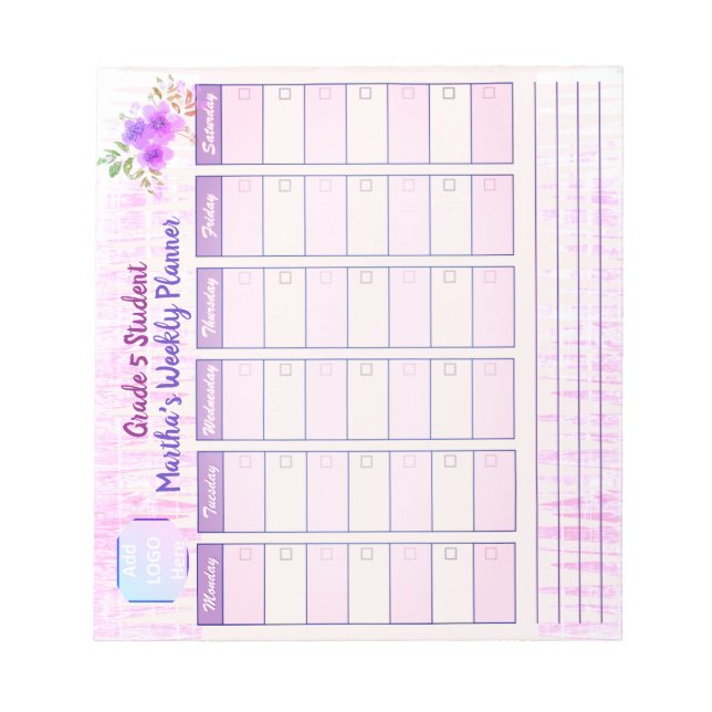 Student or Teacher Pink Weekly Planner Notepad (Front)